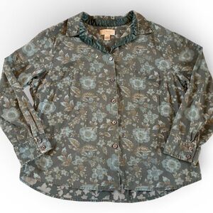 Vintage CJ Banks Sage Green Floral Button Up Shirt XL 100% Cotton Cottagecore